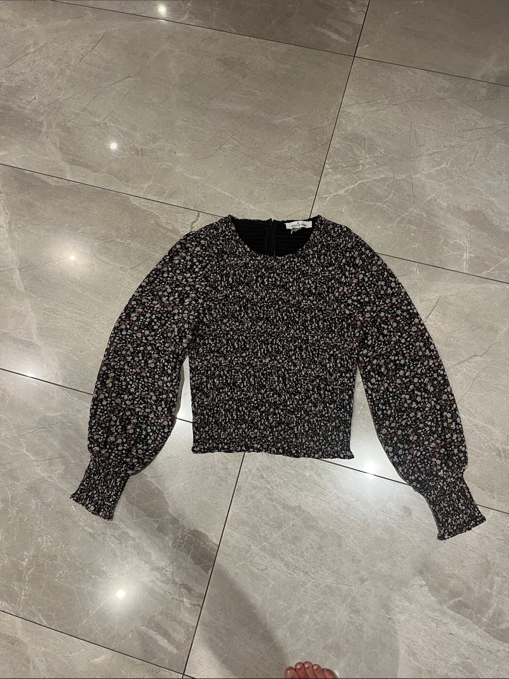 Smocked Floral Long-Sleeve Blouse - Black/Pink
